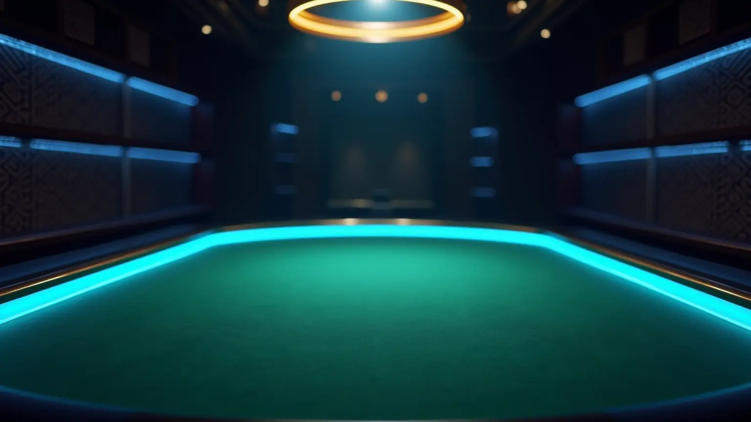 A softly lit green poker table in a private card room